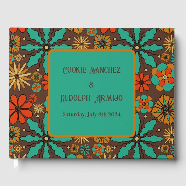 Livro De Visitas Flores Retro Marrom Teal Vermelho floral psicodéli (Frente)