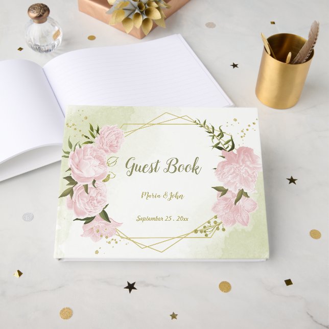 Livro De Visitas Flores rosa bonito folhas verdes geométricas (Frente aberta)