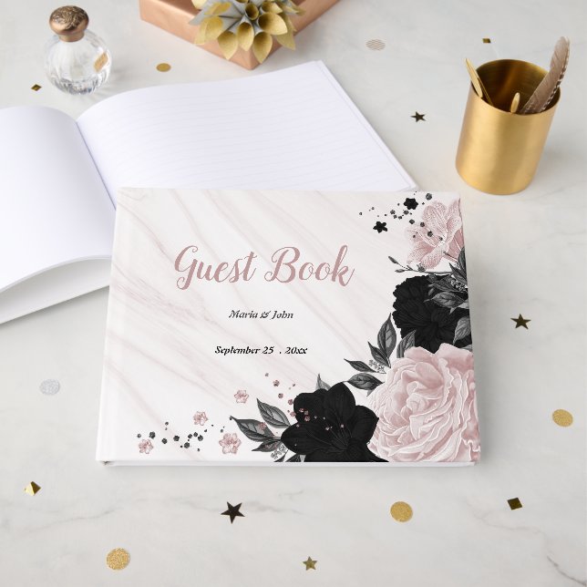 Livro De Visitas flores rosa e pretas cinza mármore botânico convid (Frente aberta)