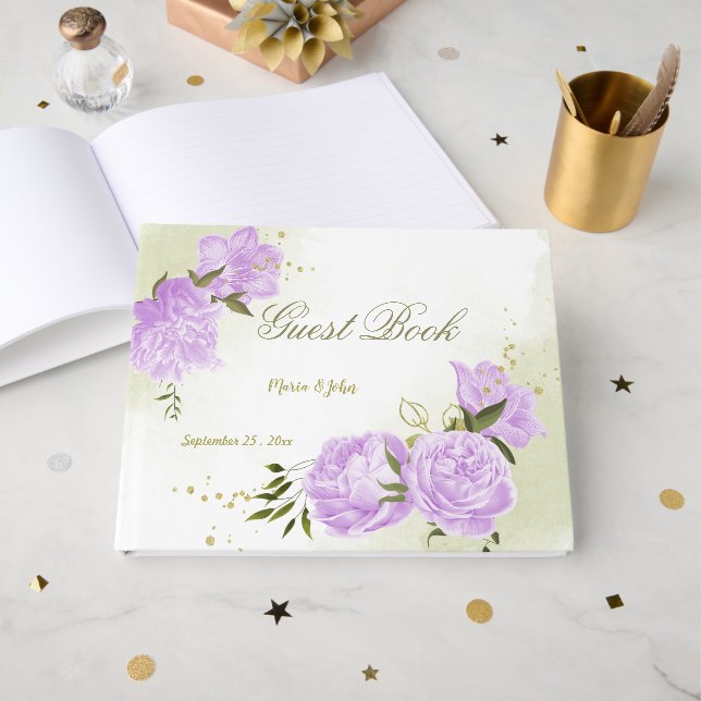 Livro De Visitas Flores roxas bonito folhas verdes botânicas (Frente aberta)