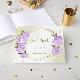 Livro De Visitas Flores roxas bonito folhas verdes geométricas