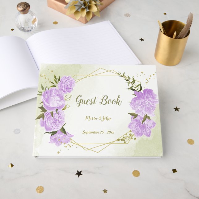 Livro De Visitas Flores roxas bonito folhas verdes geométricas (Frente aberta)