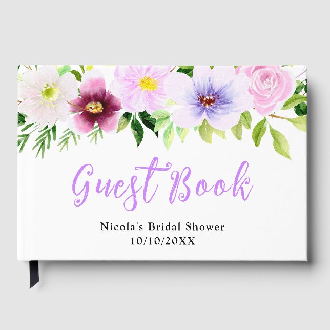 Livro De Visitas Flores Roxas de Primavera com Bridal Shower de Fol (Frente)