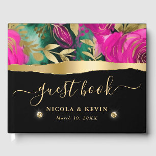 Livro De Visitas Flores Roxas e Turquesa em Aquarela Casamento