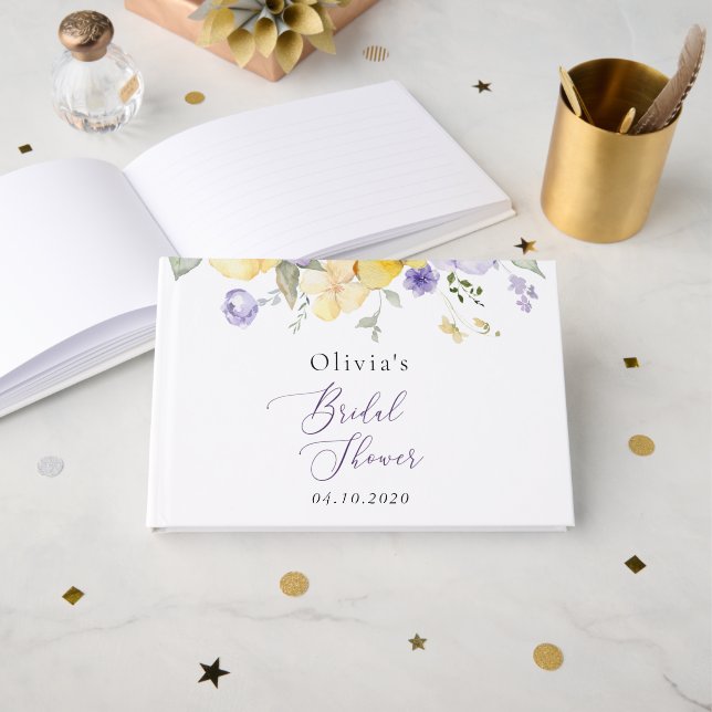 Livro De Visitas Flores Roxas, Flores Amarelas, Chá de Noiva (Frente aberta)