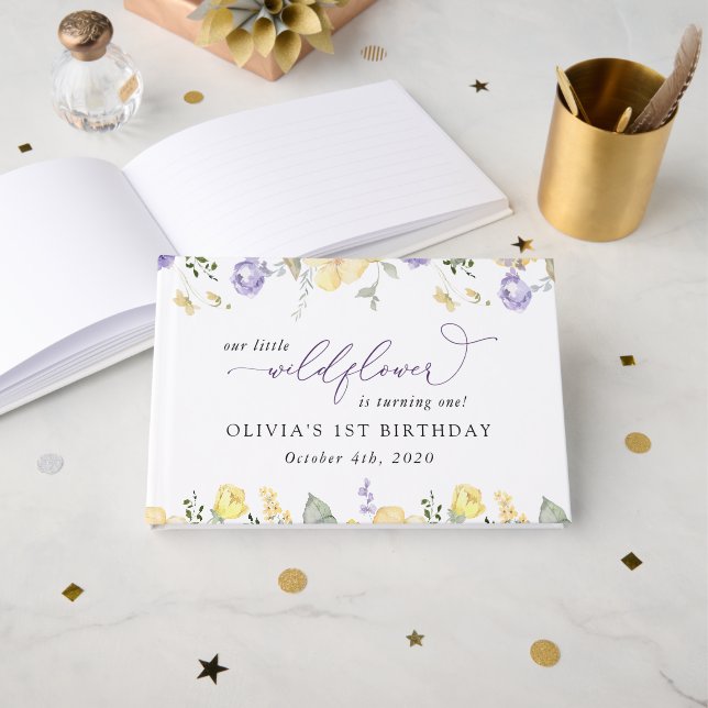Livro De Visitas Flores Roxas, Flores Amarelas, Primeiro Aniversári (Frente aberta)