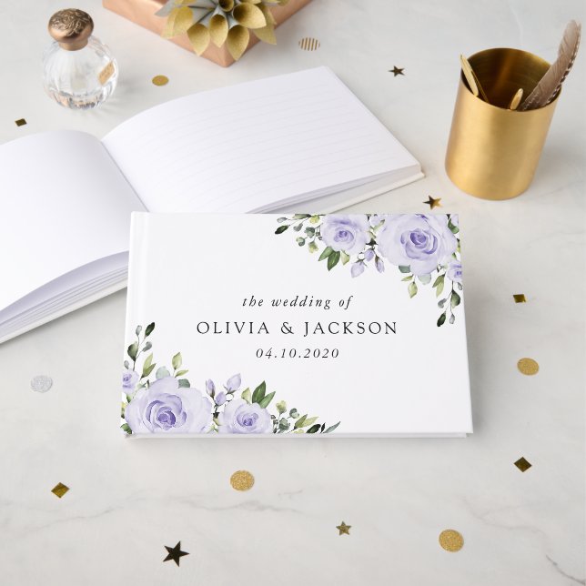 Livro De Visitas Flores Roxas, Flores Lilás, Casamento Floral (Frente aberta)