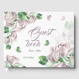 Livro De Visitas flores roxas folhas verdes borboletas