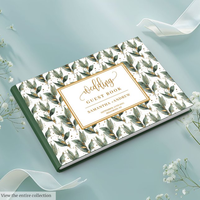 Livro De Visitas Floresta refinada de verde folhas douradas desejos (Refined forest green leaves gold wedding wishes guest book)