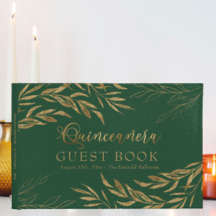 Livro De Visitas Folhagem Elegante, Quinceanera Verde e Dourada