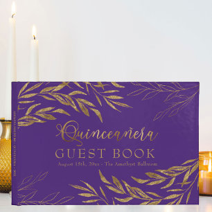 Livro De Visitas Folhagem Elegante Roxo e Quinceanera Dourada