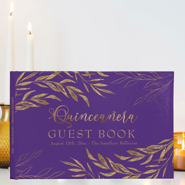 Livro De Visitas Folhagem Elegante Roxo e Quinceanera Dourada (Quinceanera guest book signature book, in purple, from my Gold Leaf Collection
)