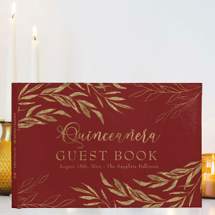 Livro De Visitas Folhagem Elegante Vermelha e Quinceanera Dourada
