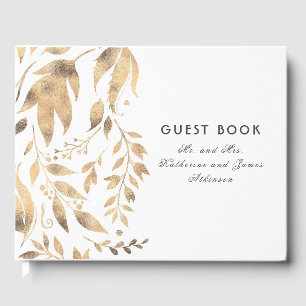Livro De Visitas Folhas de Ouro e Branco Casamento de Outono Elegan