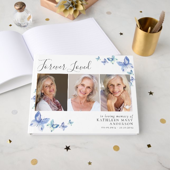 Livro De Visitas Forever Loved 3 Foto Butterfy Funeral Memorial (Frente aberta)