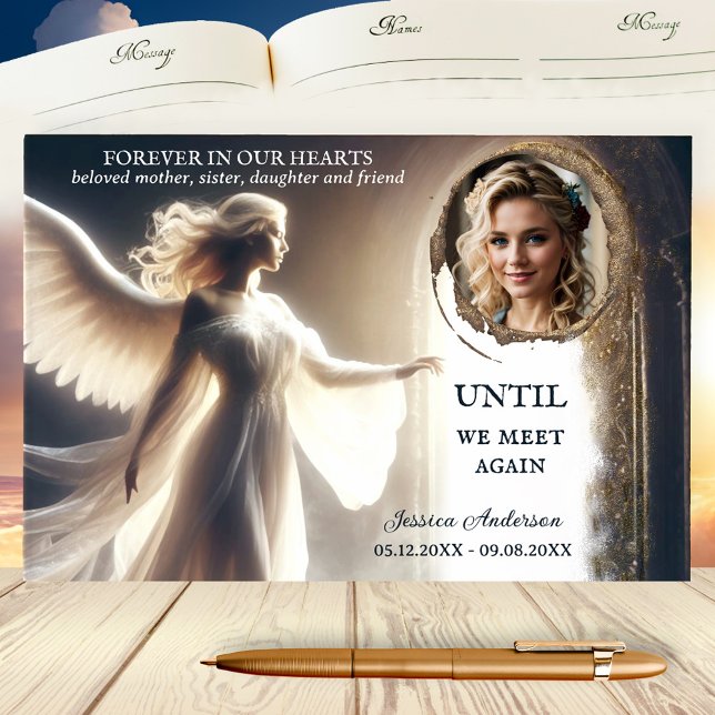 Livro De Visitas Foto Anjo Pós-Vida do Memorial Guest Book (Sympathy guest book featuring your photo framed by a spiritual design with an angel and doorway)