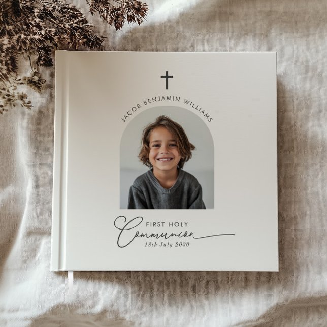 Livro De Visitas Foto Archada Primeiro Rapaz Comunitário (Zazzle Arched Photo First Communion Boy Guest Book)