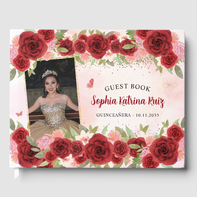 Livro De Visitas Foto da Princesa Floral Dourada Quinceañera (Frente)