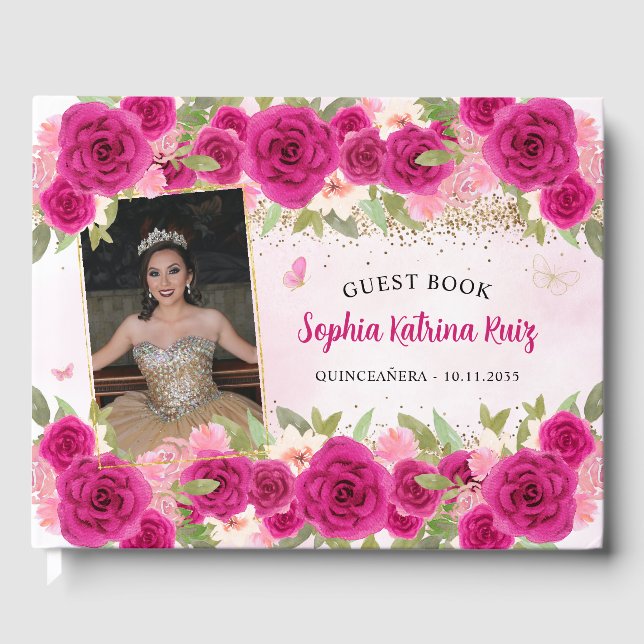 Livro De Visitas Foto da Princesa Floral Dourada Quinceañera, Rosa  (Frente)