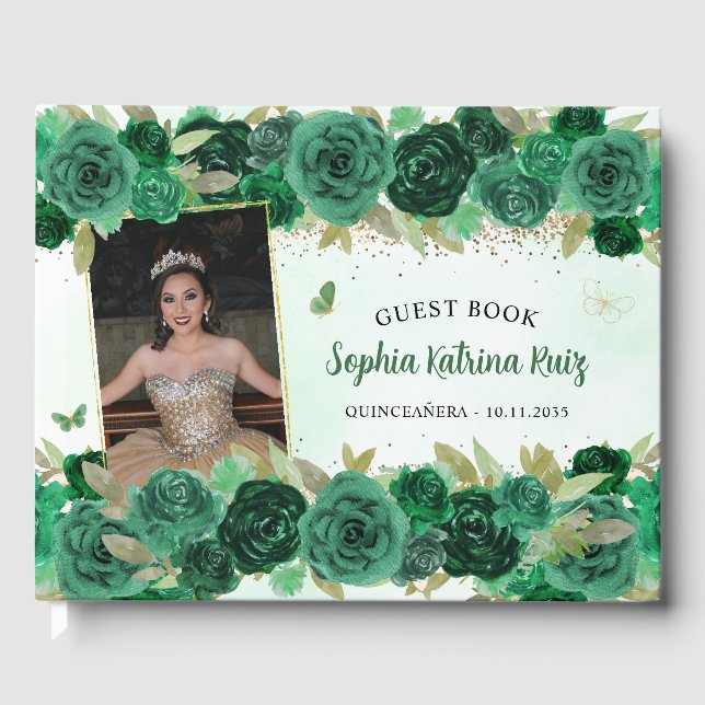 Livro De Visitas Foto da Princesa Floral Dourada Verde Quinceañera (Frente)