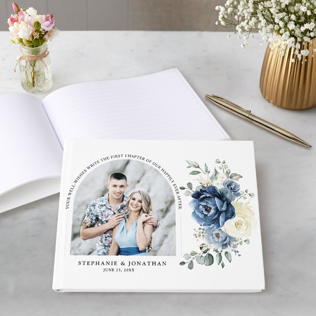 Livro De Visitas Foto de casamento de marfim de Marinho azul Dusty (Dusty Blue Navy Champagne Ivory Wedding Photo Guest Book)