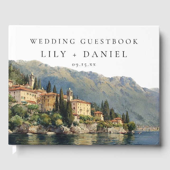 Livro De Visitas Foto de casamento em aquarela no Lago Como Itália (Frente)