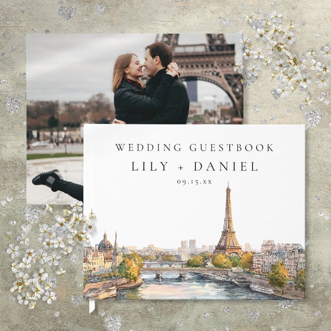 Livro De Visitas Foto de casamento em aquarela Paris França (Watercolor Paris France Wedding Photo Guest Book)