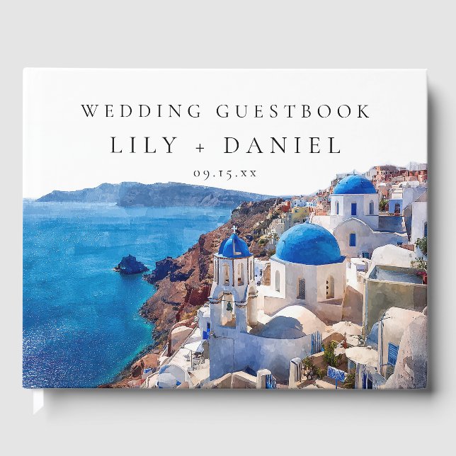 Livro De Visitas Foto de casamento em Santorini Grécia aquarela (Frente)