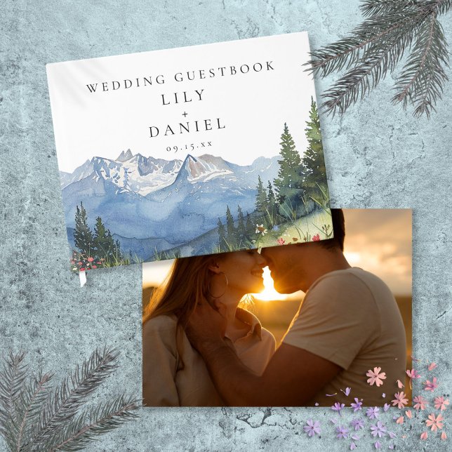 Livro De Visitas Foto De Casamento Floral Da Montanha De Água Moder (Modern Watercolor Mountain Floral Wedding Photo Guest Book)