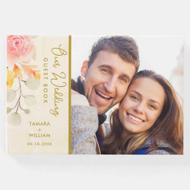 Livro De Visitas Foto De Casamento Floral De Aquarela Dourada Elega (Frente)