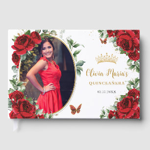 Livro De Visitas Foto de Quinceanera Dourada Floral Elegante do Ros