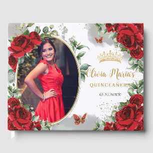 Livro De Visitas Foto de Quinceanera Dourada Floral Elegante do Ros