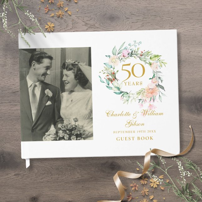Livro De Visitas Foto do 50º Aniversário de Casamento com Grinalda  (Floral Garland 50th Wedding Anniversary Photo Guest Book)