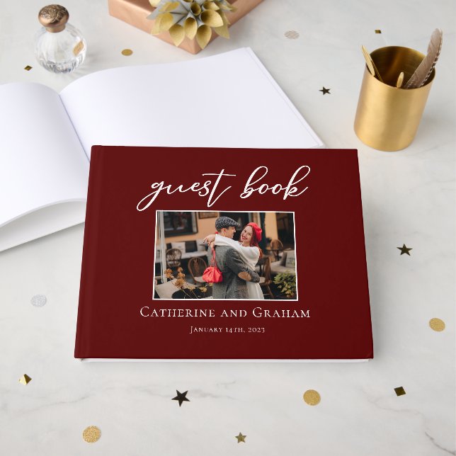 Livro De Visitas Foto do Casal de Casamento Burgundy Elegante (Frente aberta)