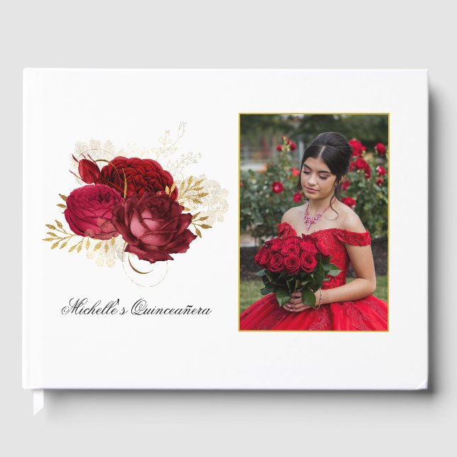 Livro De Visitas Foto do Rosa de Quinceañera, vermelho e Dourado Vi (Frente)
