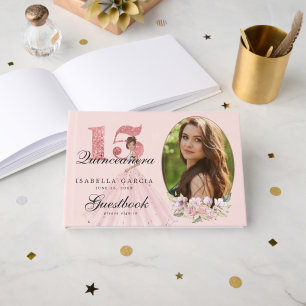 Livro De Visitas Foto e Floral de Rosa Dourado Quinceañera Persona