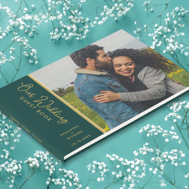 Livro De Visitas Foto Elegante Emerald Green E Casamento Dourado (Elegant Photo Emerald Green And Gold Wedding guest book sign in)