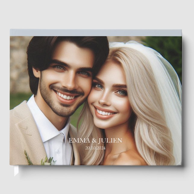 Livro De Visitas Foto elegante monograma Dusty Blue Guest Book (Frente)