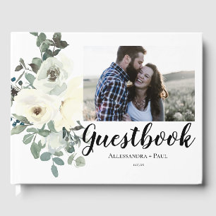 Livro De Visitas Foto Floral Branca e Azul Dusty 2