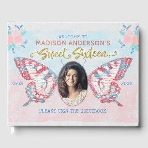 Livro De Visitas Foto Floral de Borboleta Doce 16 Festa de anivers