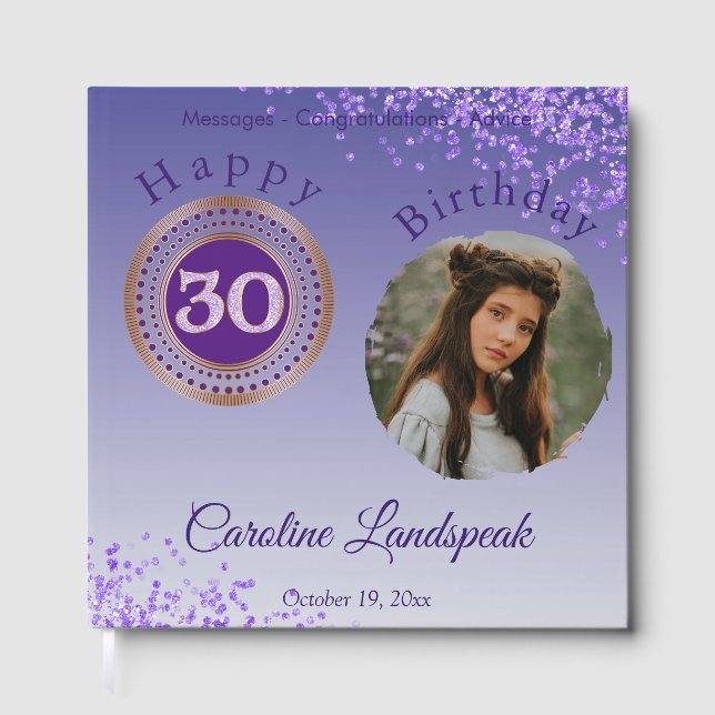 Livro De Visitas Foto personalizada com brilho púrpura, aniversário (Frente)