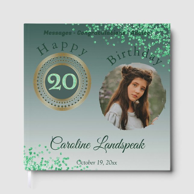Livro De Visitas Foto personalizada com brilho verde, 20 Birthday (Frente)