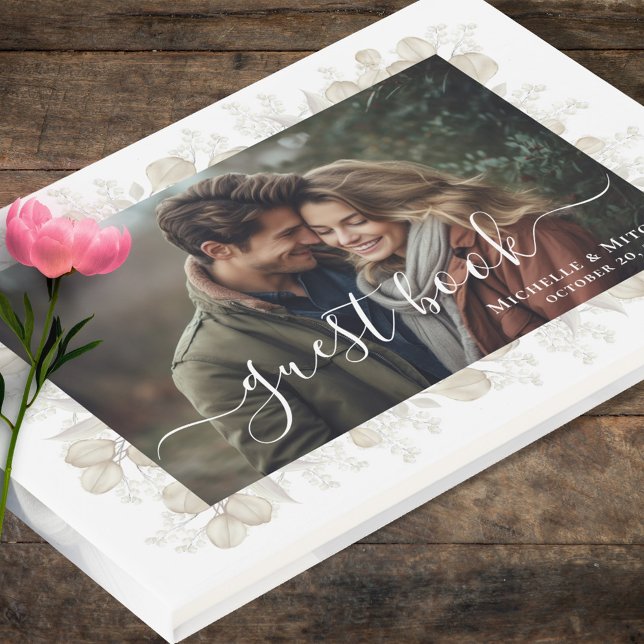 Livro De Visitas Foto personalizada de casamento verde Sage (Wedding guest book with photo template. )