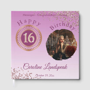 Livro De Visitas Foto personalizada Rosa Dourada Glitter 16º aniver
