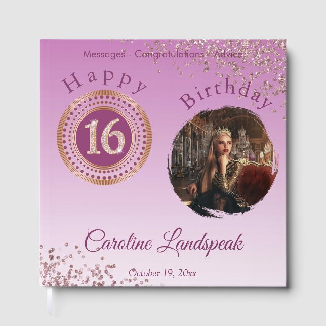 Livro De Visitas Foto personalizada Rosa Dourada Glitter 16º aniver (Frente)