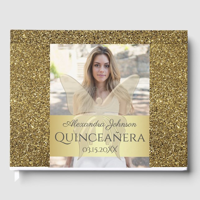 Livro De Visitas Foto Quinceanera Dourada Glitter (Frente)