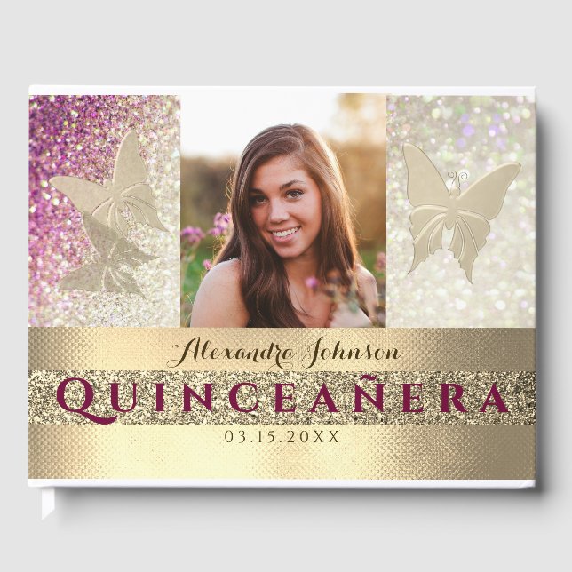Livro De Visitas Foto Quinceanera Glitter Rosa (Frente)