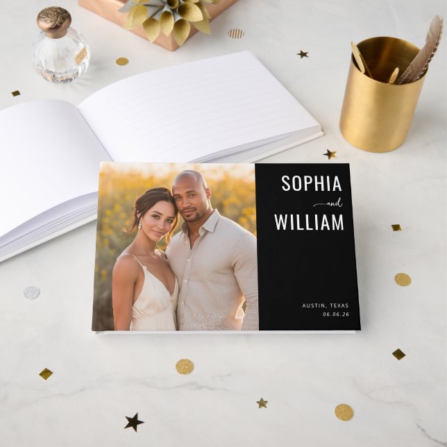 Livro De Visitas Foto Sofisticada em Preto e Dourado (Frente aberta)