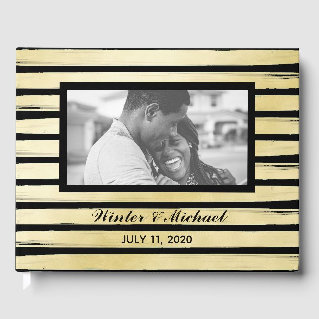 Livro De Visitas Fotografia elegante preto dourado pintura listrada (Frente)