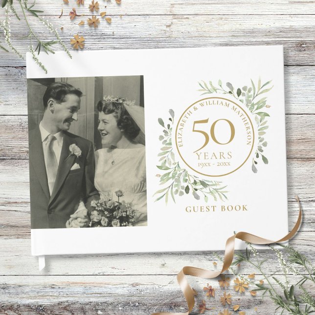 Livro De Visitas Fotos do 50º Aniversário de Casamento com Verde Do (50th Wedding Anniversary Gold Greenery Photo Guest Book)